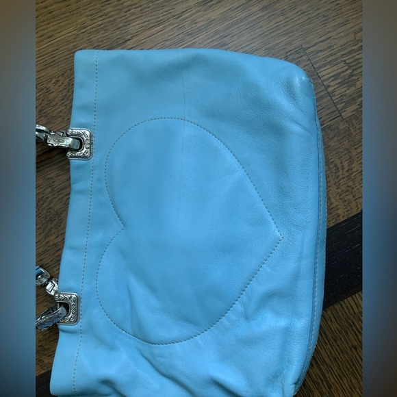Vintage BRIGHTON Blue Smooth Leather Heart Stitched Small Tote Purse Romantic - Picture 12 of 16